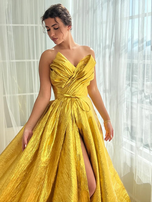 Chic Sleeveless V Neck Strapless A Line Slit Prom Dress