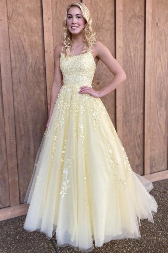 Yellow lace long prom dress A line evening dress KS1746