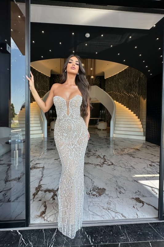 Glamorous Crystal-Embellished Beaded Strapless Mermaid Prom Dress