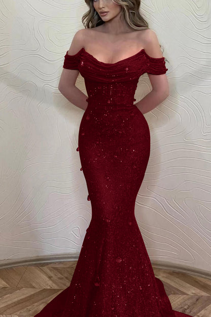 Orange Off-The-Shoulder Prom Dress With Sequins Mermaid
