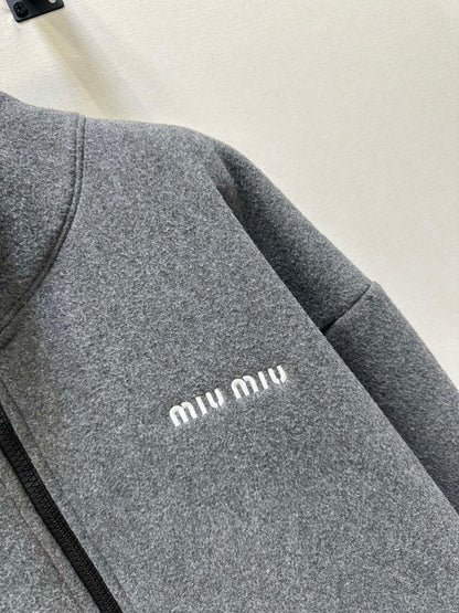 Miu Embroidered Fleece Hooded Zip-Up Jacket Dark Grey Cashmere 346110