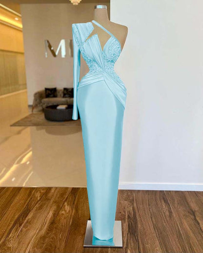 Noble Fuchsia One Shoulder Long Sleeve  Mermaid Evening  Dress With Beads