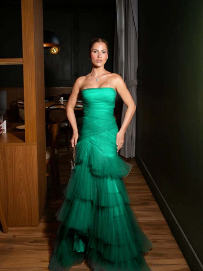 Stunning Straight Across Sleeveless Pleated Tulle Mermaid Evening Dress