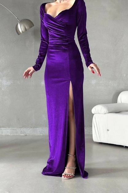Stunning Regency Velvet Long Sleeves V Neck Long Prom Dress with High Split