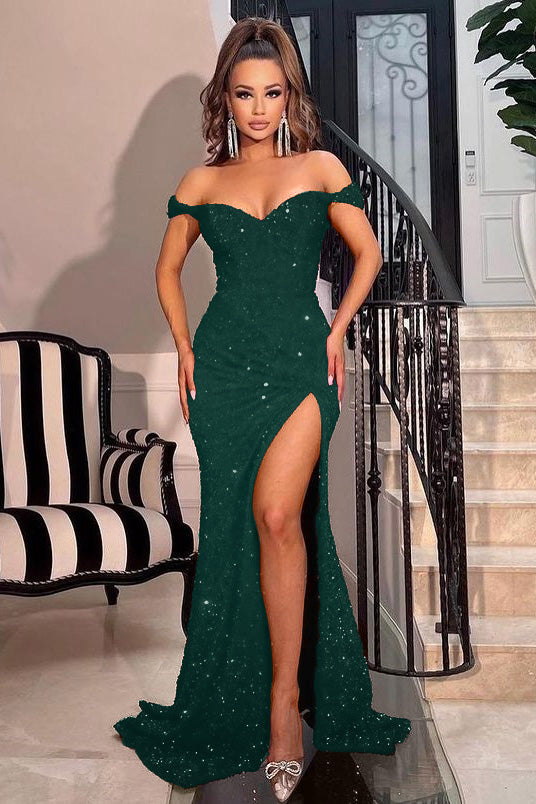 Off-The-Shoulder Sweetheart Red Sequins Mermaid Prom Dress With Split