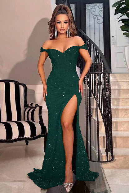 Off-The-Shoulder Sweetheart Red Sequins Mermaid Prom Dress With Split