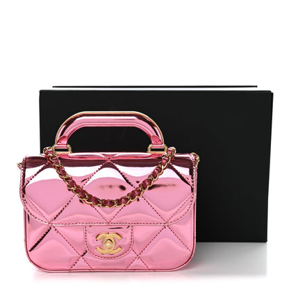 Mirror Metallic Calfskin Quilted Mini Top Handle Flap Pink