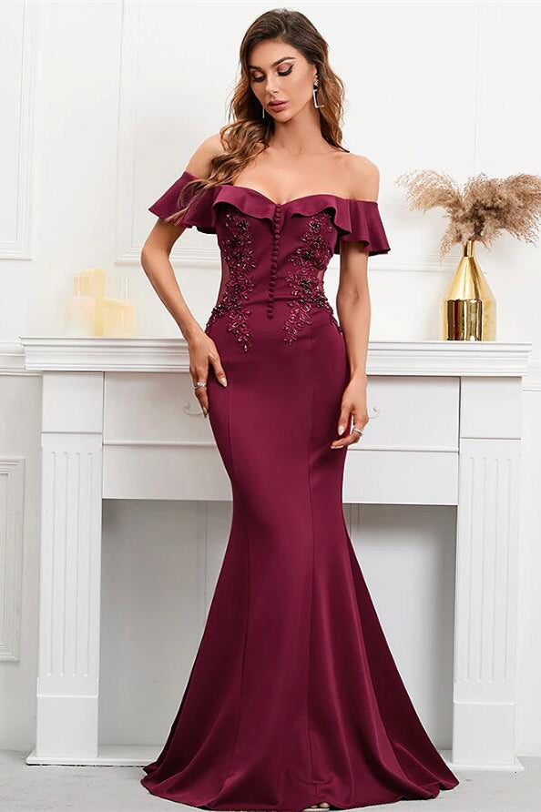 Burgundy Off-The-Shoulder Mermaid Appliques Evening Dress