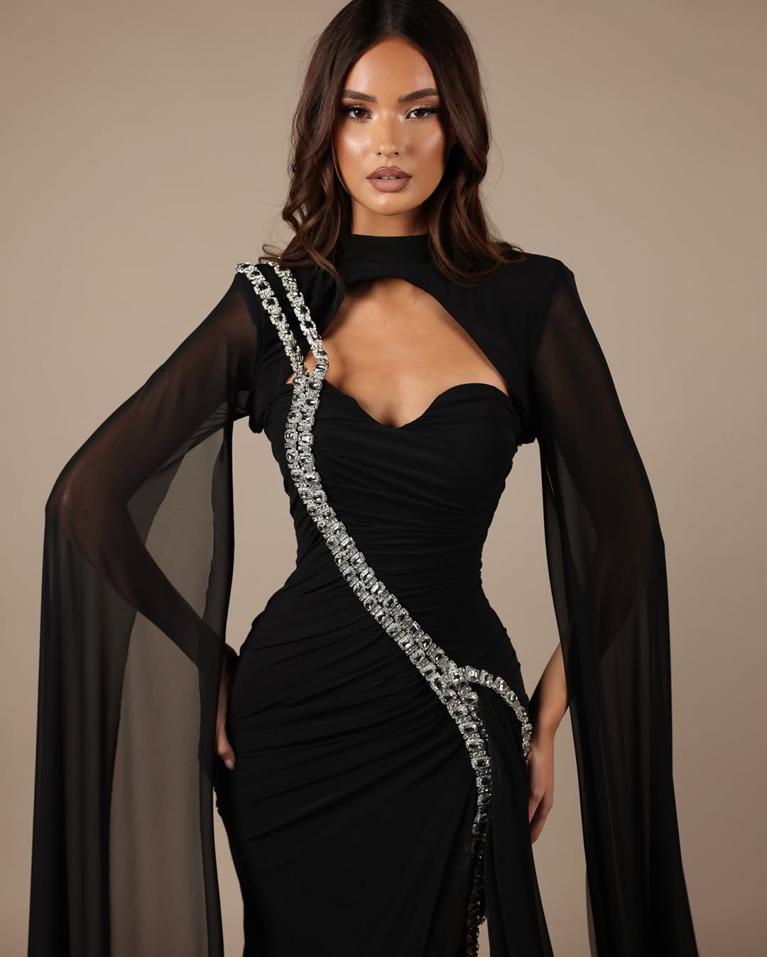 Black Long Sleeves High Neck Sweetheart Split Prom Dress