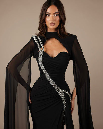 Black Long Sleeves High Neck Sweetheart Split Prom Dress