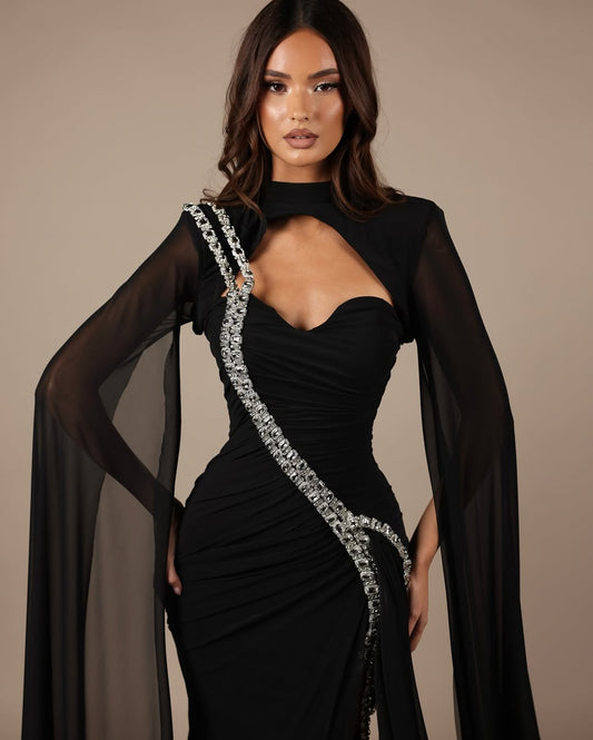 Black Long Sleeves High Neck Sweetheart Split Prom Dress
