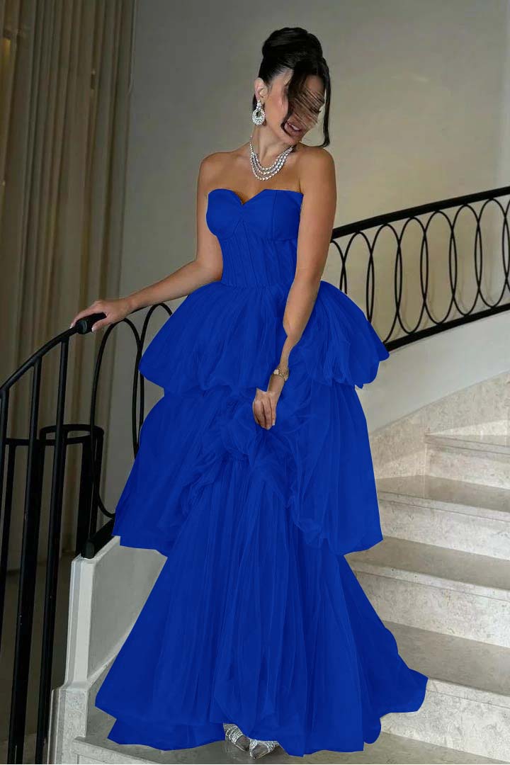 Sleeveless Sweetheart Strapless A Line Long Prom Dress With Tulle