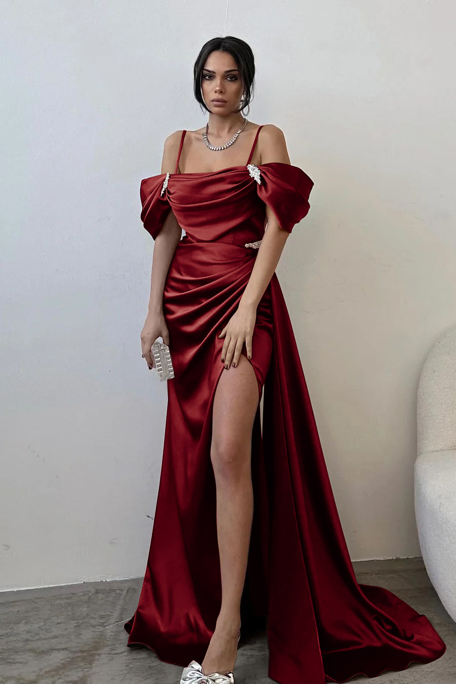 Exquisite Satin Spaghtti Strap Off the Shoulder Long Split Prom Dress with Beadings