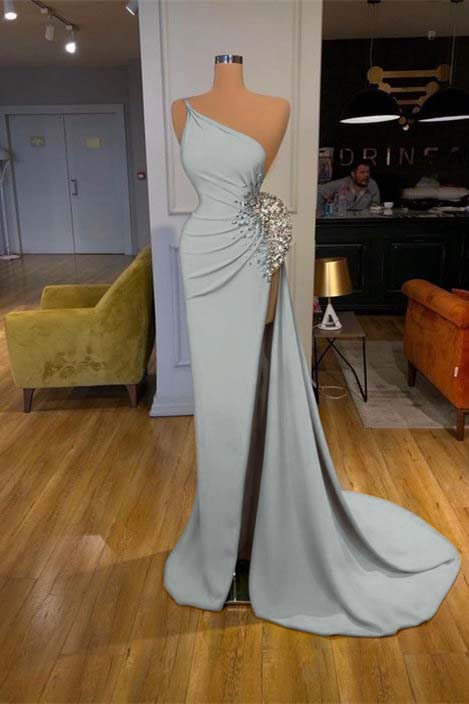 Spaghetti-strap Sequins One Shoulder Mermaid Prom Dress With Split