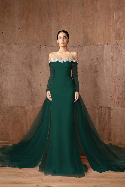 Charming Pink Satin Off the Shoulder Long Sleeves Long Prom Dress with Beadings