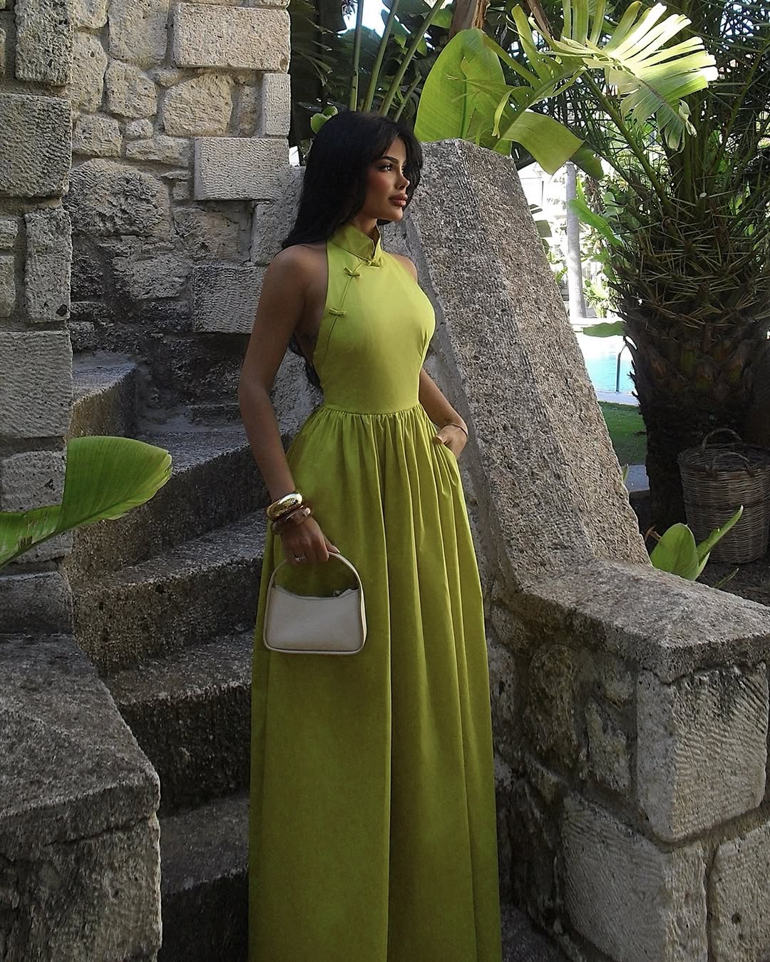Chic Green Satin Sleeveless High Neck Long Prom Dress with Pleated