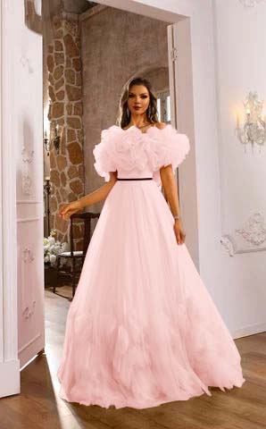 Romantic Pink Flower Off-the-shoulder Layered Couture Evening Dress