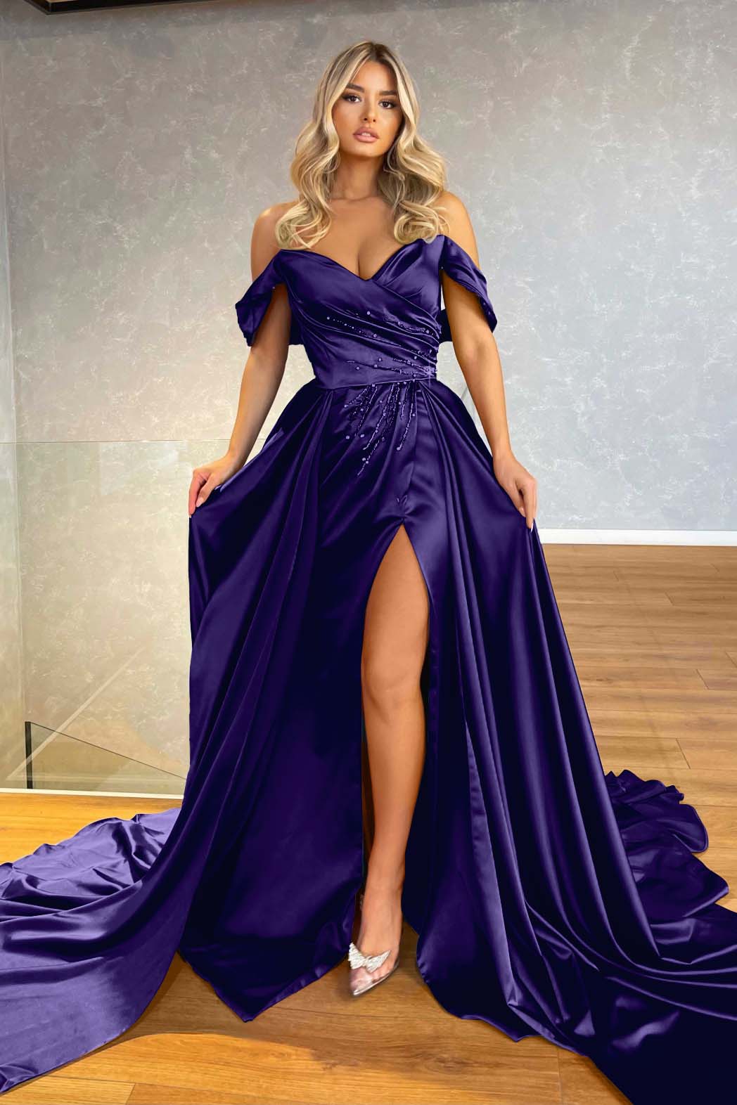 Blue Off-the-Shoulder Split Prom Dress Overskirt With Beadings