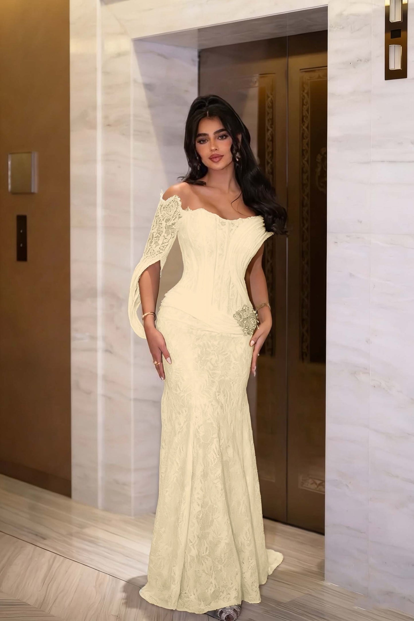 Black Long Sleeves Strapless Mermaid Prom Dress With Embroidery