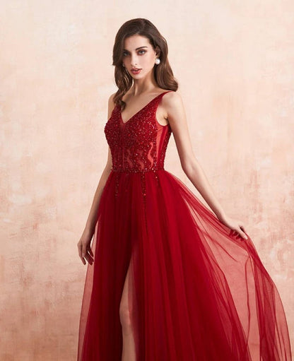 Burgundy V-Neck Sleeveless Slit Evening Dress Long Tulle with Beads
