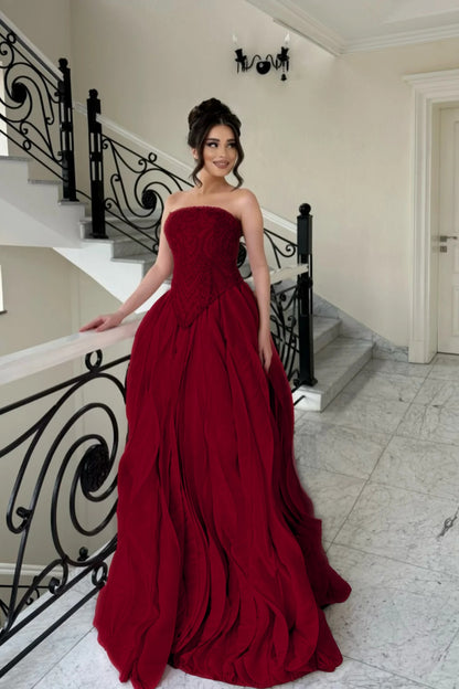 Elegant Pink Strapless Evening Dress A-Line Floor Length with Beading