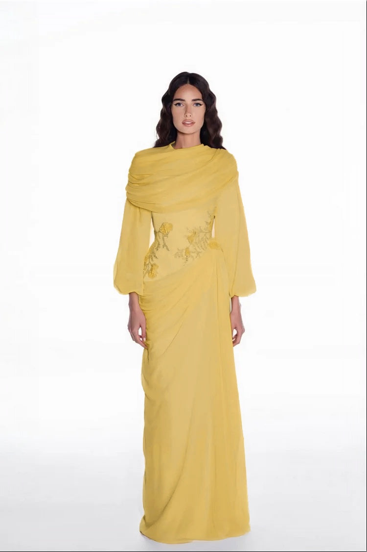 Elegant Long Sleeves Hing Neck Mermaid Evening Dress With Appliques