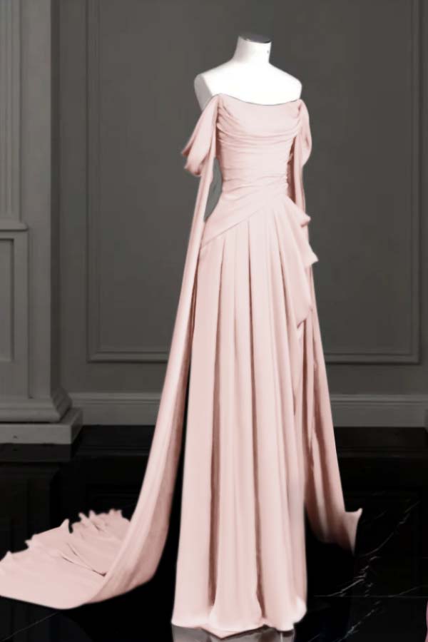 Sleeveless Off-The-Shoulder Pleated Long Prom Dress With Trailing On Both Sides