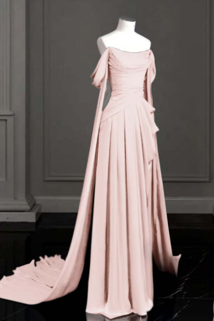 Sleeveless Off-The-Shoulder Pleated Long Prom Dress With Trailing On Both Sides