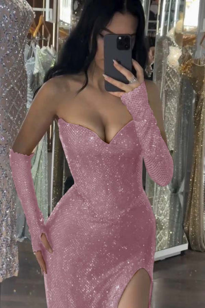 Burgundy Sleeveless Strapless Sequins Mermaid Prom Dress With Gloves