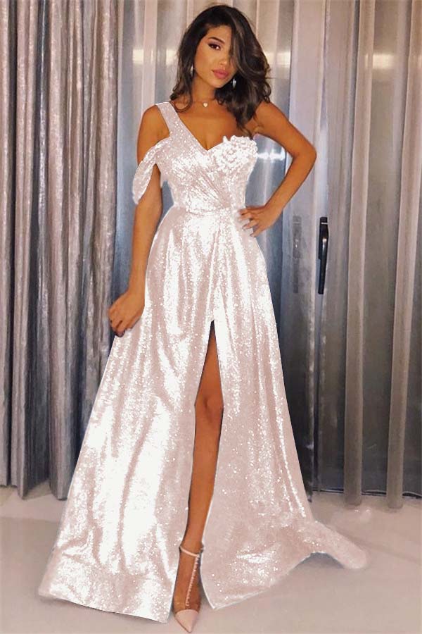 Dark Navy Sequins Glamorous One Shoulder Prom Dress