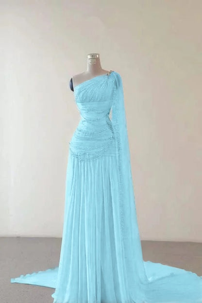 Glamorous Pink Sleeveless One Shoulder Long Evening Dress With Train