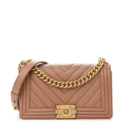 Caviar Chevron Quilted Medium Boy Flap Brown