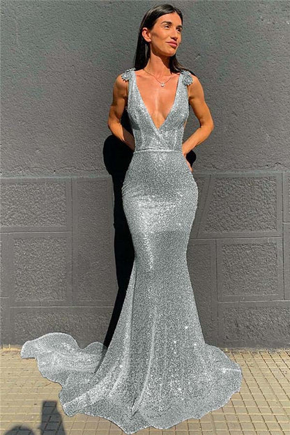 Deep V-Neck  Mermaid Prom Dress Open Back Sequins