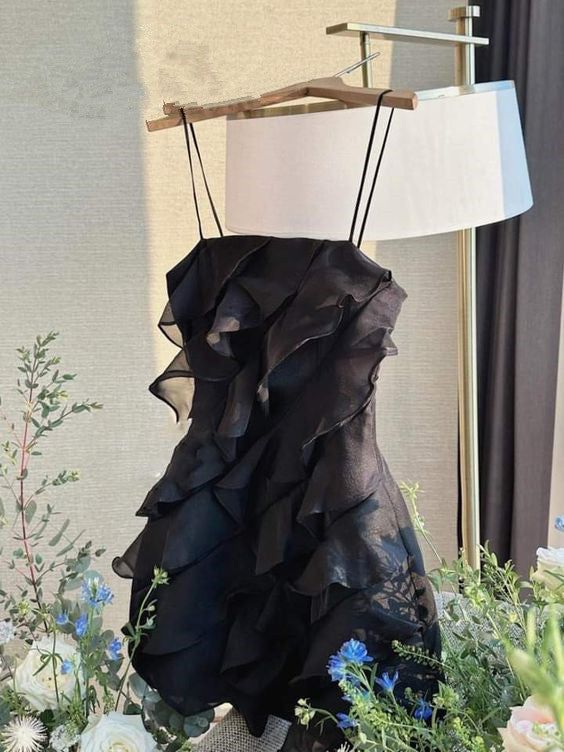 Black A Line Spaghetti Strap Layered Chiffon Short Homecoming Dress Cocktail Dress SH3361