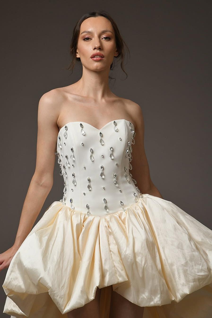 Elegant Ivory Satin Sleeveless Strapless Pleated Short Prom Dress with Beadings