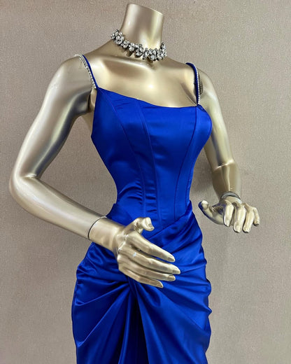Chic Royal Blue Satin Spaghetti Strap Pleated Sleeveless Prom Dress with Split