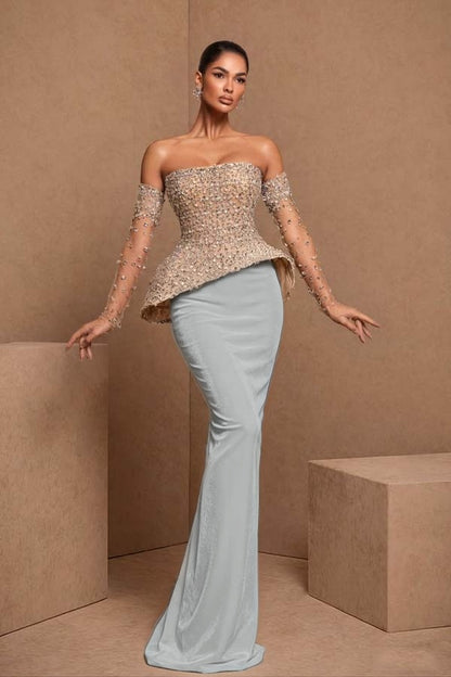 Black Sleeveless Strapless Mermaid Satin Beads Long Prom Dress With Gloves