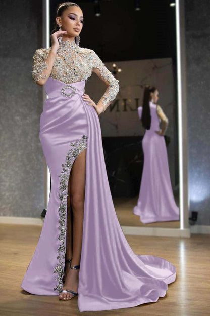 Royal Blue Long Sleeves Split Beadings Mermaid Prom Dress With Ruffles
