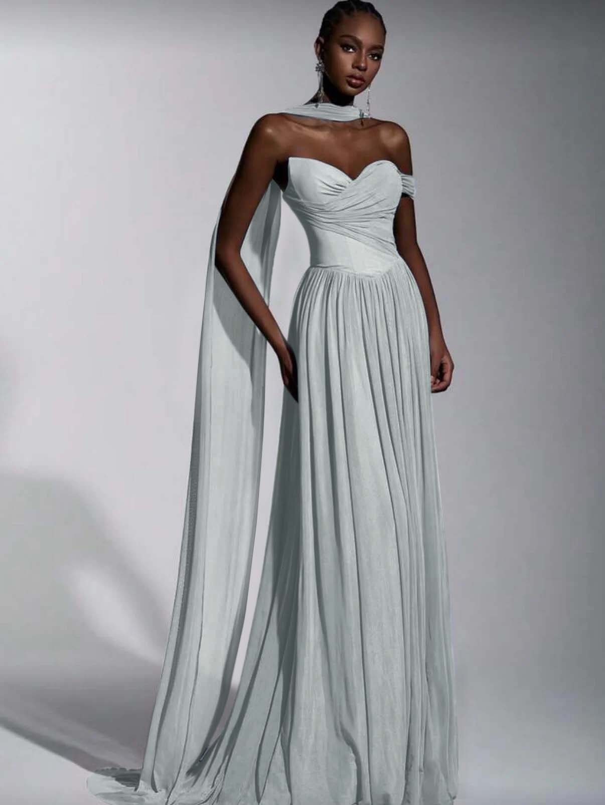 Dusty Blue One Shoulder Sweetheart Evenign Dress in Chiffon With Split