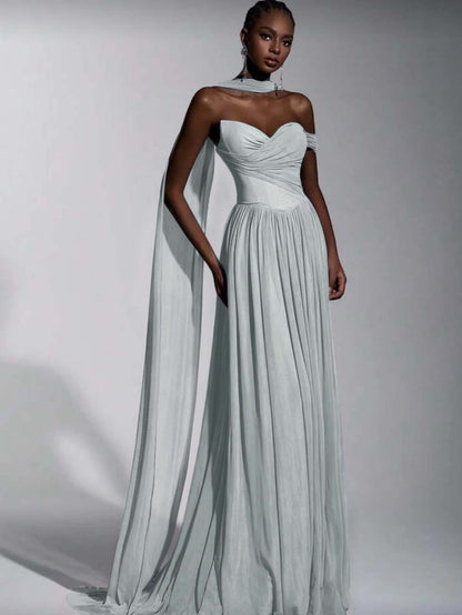 Dusty Blue One Shoulder Sweetheart Evenign Dress in Chiffon With Split