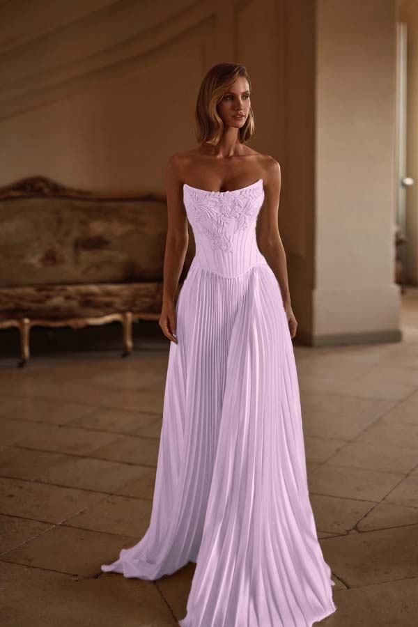 Exquisite White Satin Strapless Sleeveless Long Pleated Prom Dress with Applique