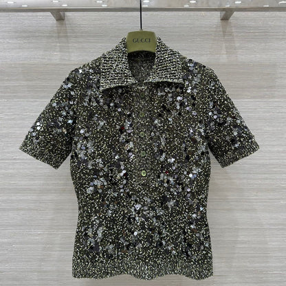 Gucci Knitted Polo Short-sleeved Top Green Wool
