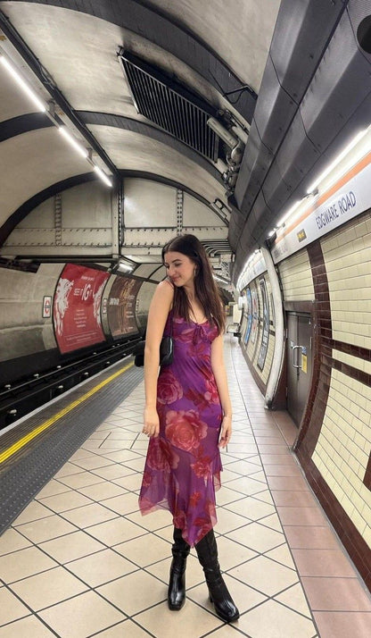 Pretty Purple A Line Straps Print Floral Chiffon Party Dress Date Dress Outfits SH3966