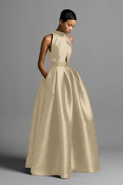 Exquisite Royal Blue Satin Halter Strapless Sleeveless A Line Prom Dress with Pleated
