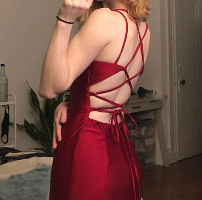 Burgundy Mermaid Spaghetti Strap Satin Open Back Party Dress Evening Dress SH2853
