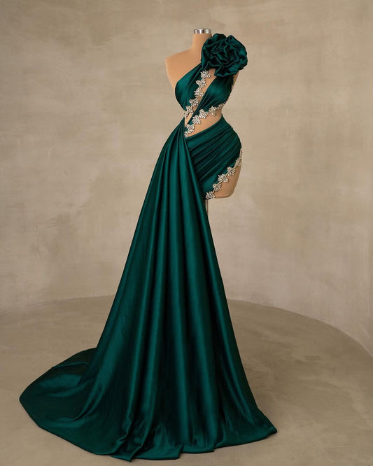Sleeveless Asymmetric Mermaid Beadeds Handmade Flower Prom Dress