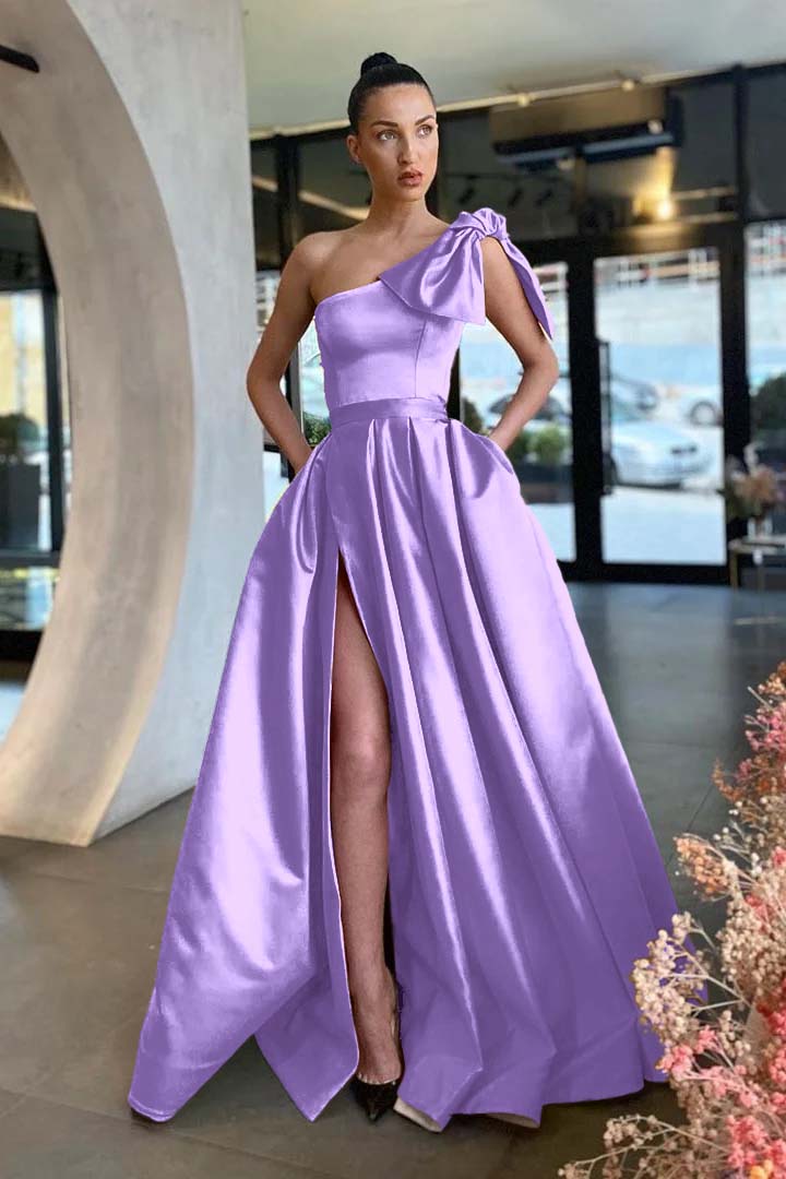 Gold Slit One-Shoulder Prom Dress With Pockets