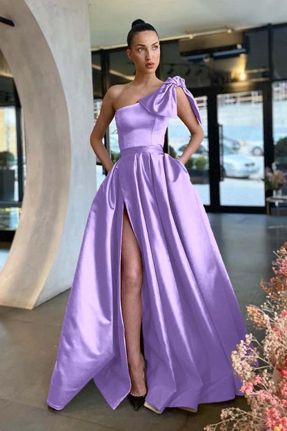 Gold Slit One-Shoulder Prom Dress With Pockets