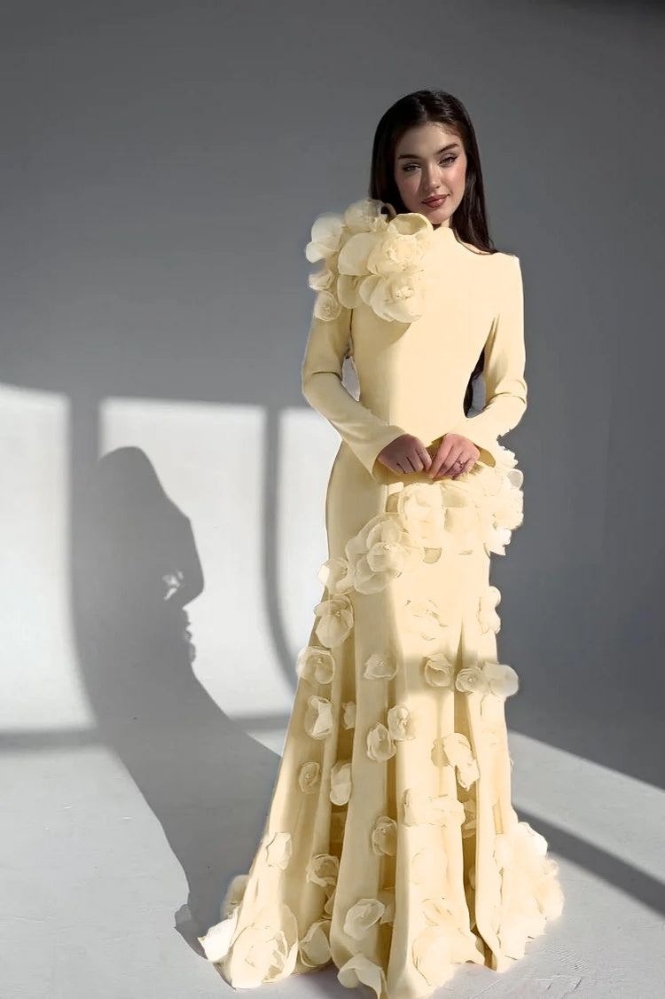 Elegant Long Sleeves Long Evening Dress With Handmade Flower