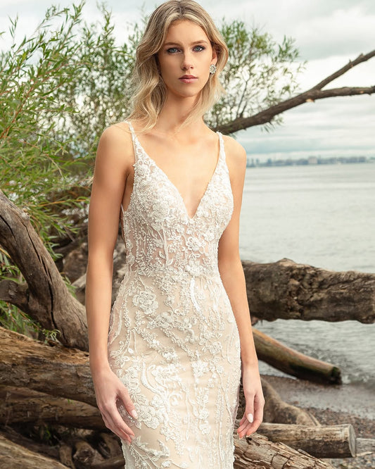 White Sleeveless Spaghetti Straps Deep V-Neck Embroidery Prom Dress